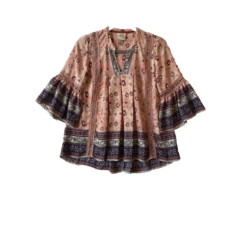 Knox Rose Floral Crochet V Neck Bell Ruffle Sleeve Top‎ XS Boho Chic Cottagecore